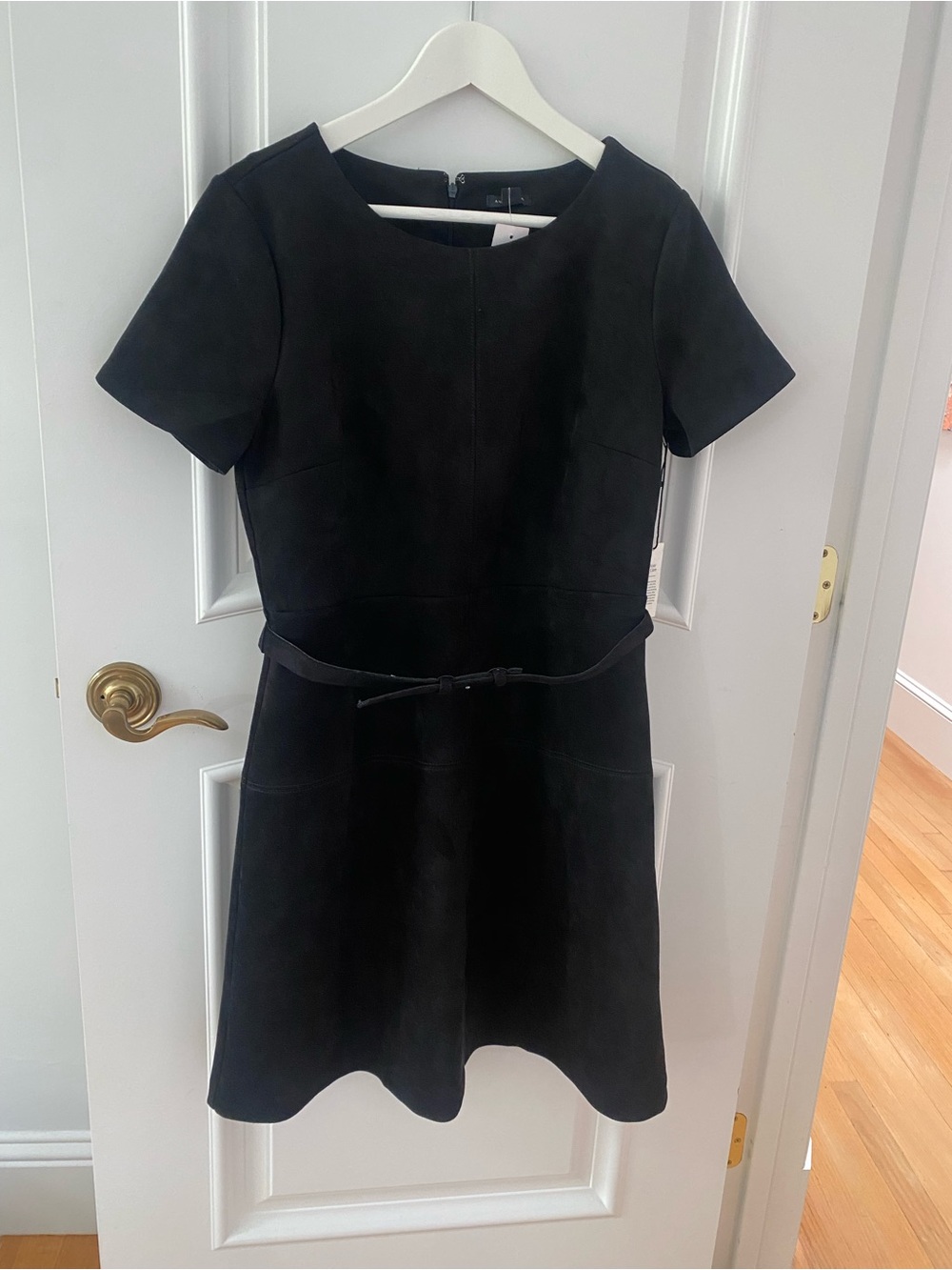 ANN TAYLOR Black Faux Suede Belted A-Line Dress Size 8 NWT